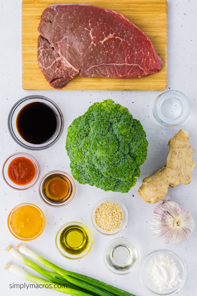 Ingredients needed to make air fryer beef and broccoli. 