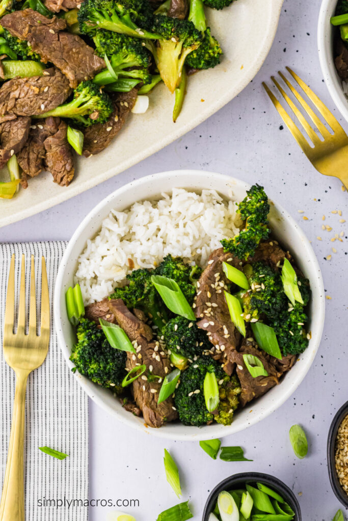 Beef and broocoli made in the air fryer and served over rice. 