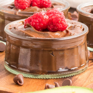 Avocado Chocolate Mousse with raspberries on top.