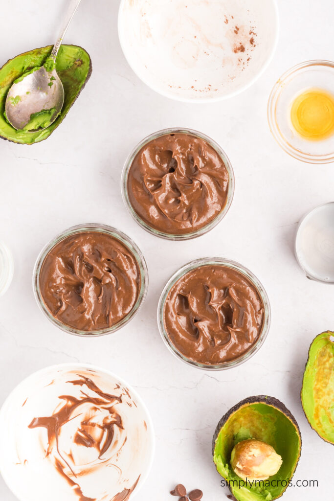 chocolate mousse placed into serving dishes. 