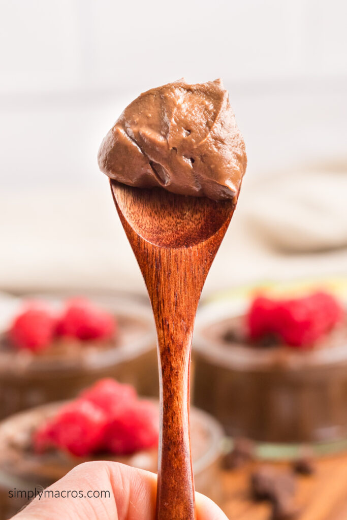 Spoonful of creamy chocolate avocado mousse. 