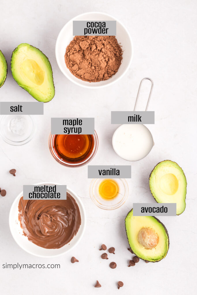 Ingredients needed to make avocado chocolate mousse on a white board with each ingredeint labeled. 