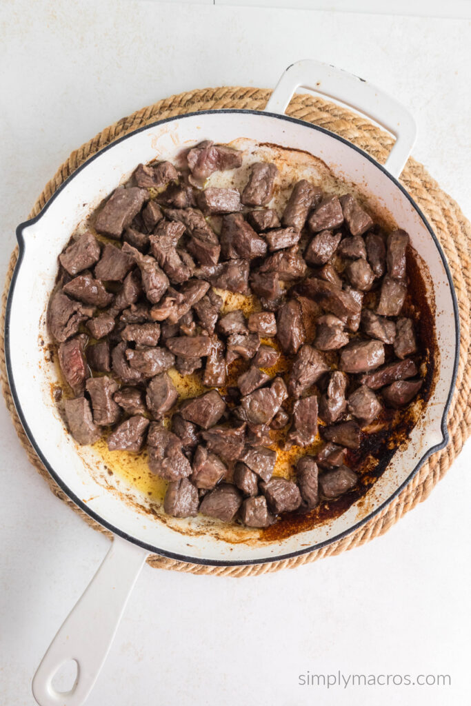 Marinated steak cooking in a skillet. 