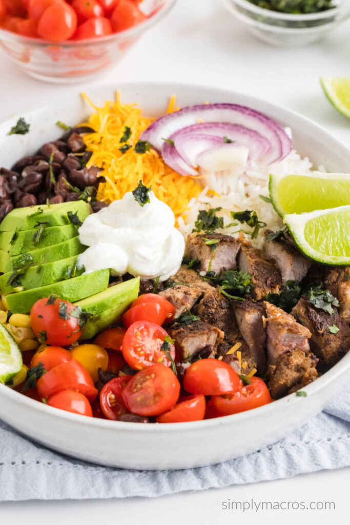 Close up of steak burrito bowl put together and ready to eat. 