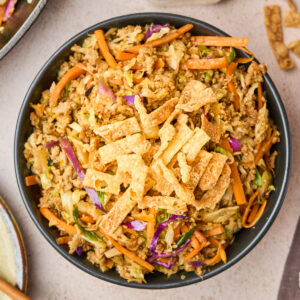 Overhead shot of cooked egg roll bowl recipe topped with wonton strips and ready to serve.