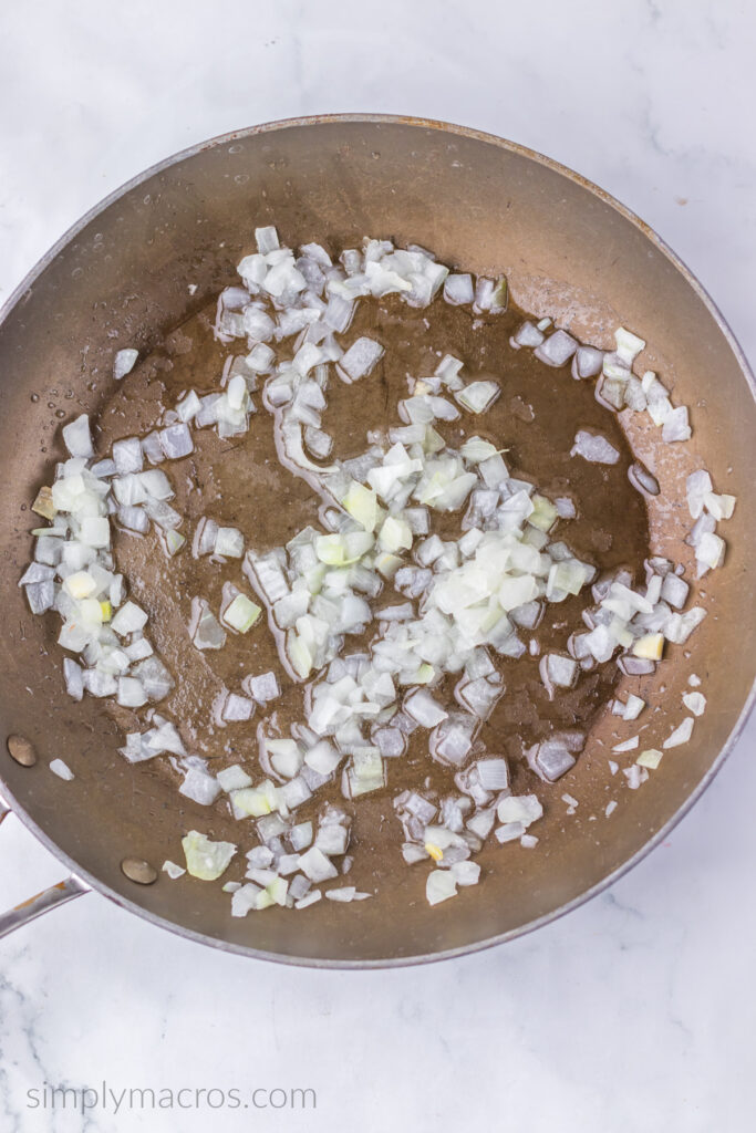 Diced onion in a large pan. 