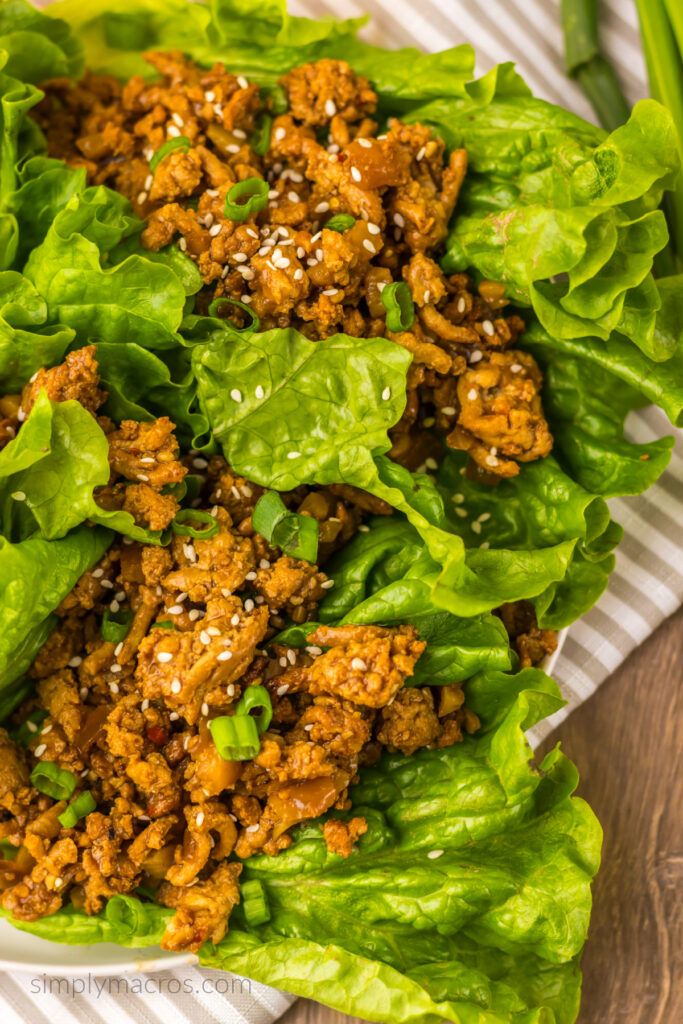 Chicken mixture spooned into the lettuce wraps, ready to eat. 