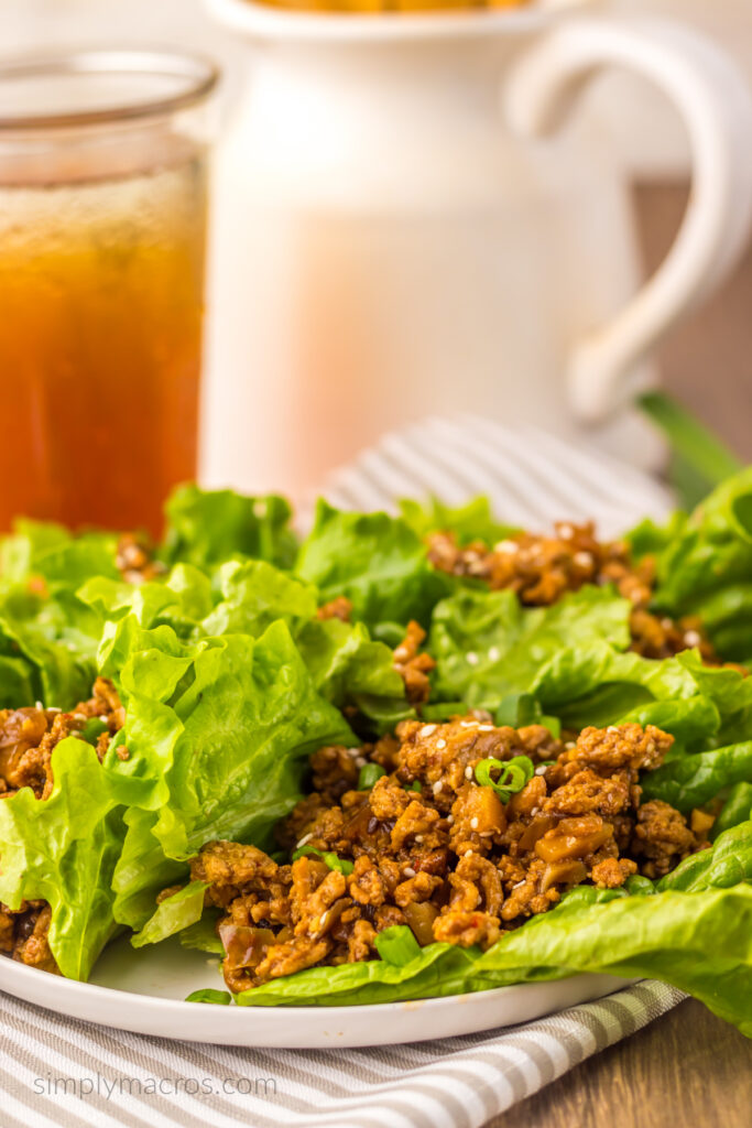 Copycat PF Chang's lettuce wraps, served on a white plate, ready to eat. 