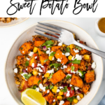 Overhead photo of a quinoa sweet potato bowl. Pinnable image.