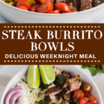 Steak burrito bowls in a collage of photos. Pinnable image.