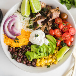 Steak burrito bowl put together and ready to serve.