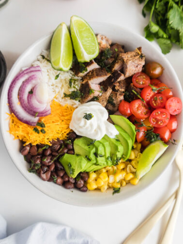 Steak burrito bowl put together and ready to serve.