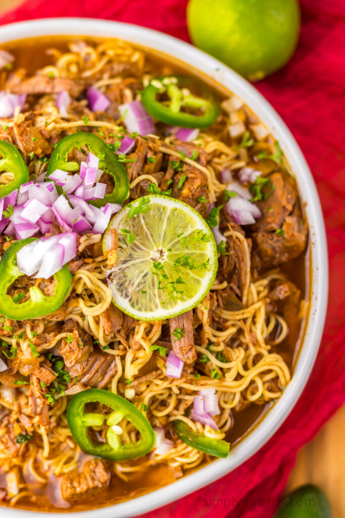 Close up photo of Birria Ramen in a bowl, ready to eat. 