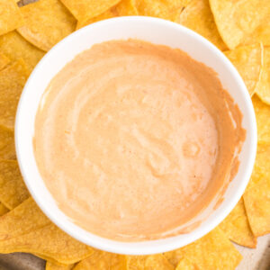 Close up overhead shot of cottage cheese queso surrounded by homemade tortilla chips.