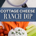 Collage of cottage cheese Ranch dip in a food processor and in a bowl with vegetables for dipping.