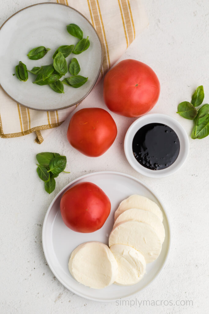 Ingredients needed to make a caprese salad. 