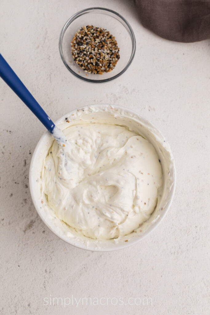 Everything Bagel dip in a bowl, ready to serve.