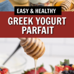 Greek yogurt parfait pinnable image.