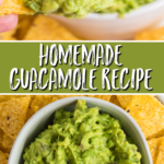 collage of photos of guacamole in a bowl and a chip with guacamole on it to eat. Pinnable image.