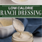 Pinnable image for low calorie ranch dressing, with dressing being spooned from a jar.