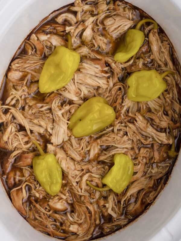 Mississippi Chicken in the bottom of the slow cooker, ready to serve.