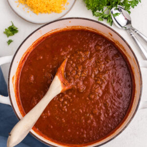 Large pot of beef no bean chili ready to serve.