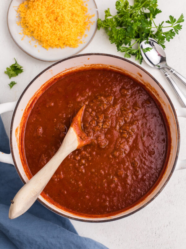 Large pot of beef no bean chili ready to serve.