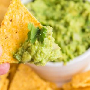 Guacamole dip on a chip, ready to eat.