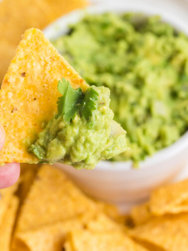 Guacamole dip on a chip, ready to eat.