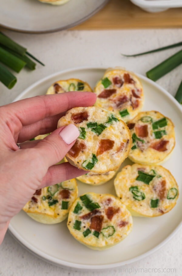 Copycat Starbucks egg white bites with a hand holding an egg bite and ready to eat.