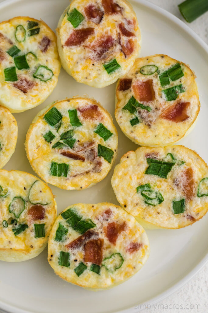 Close up of copycat Starbucks egg white bites on a white plate, ready to eat. 