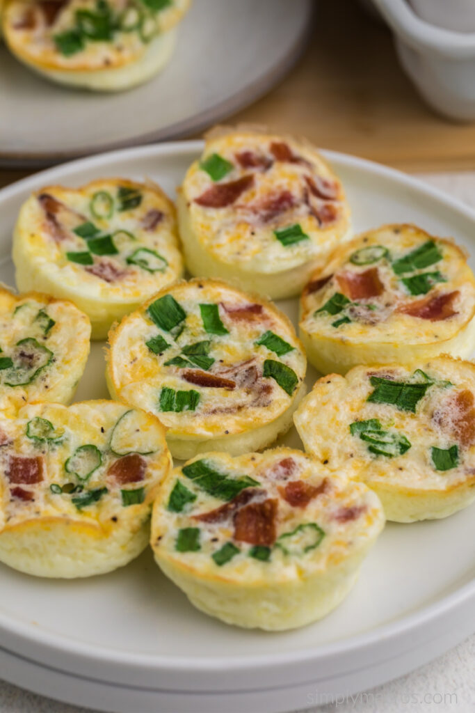 Close up of copycat Starbucks egg white bites, on a plate, ready to eat. 