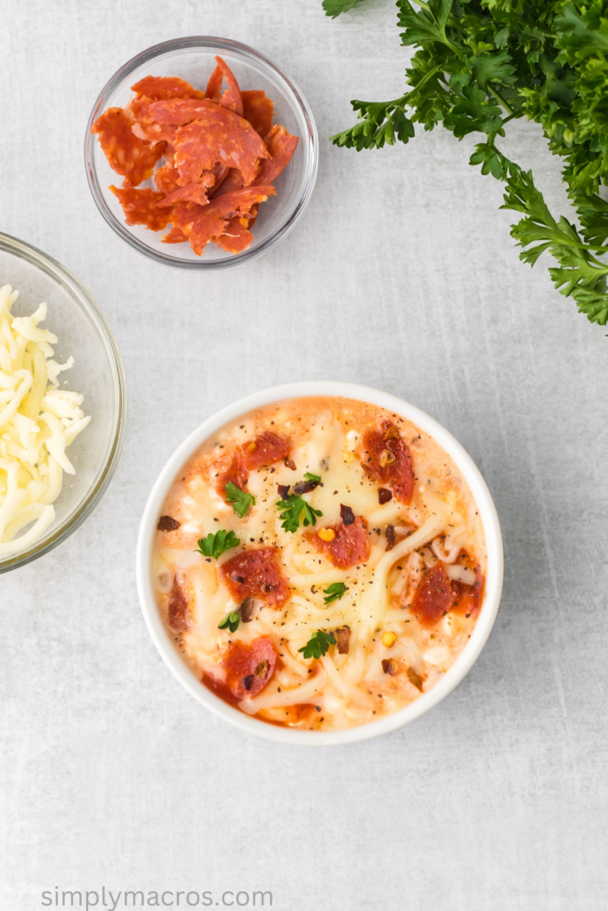 Cottage cheese pizza bowl fully cooked and ready to eat. 