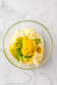 mayo and mustard and remaining ingredients combined in a bowl.