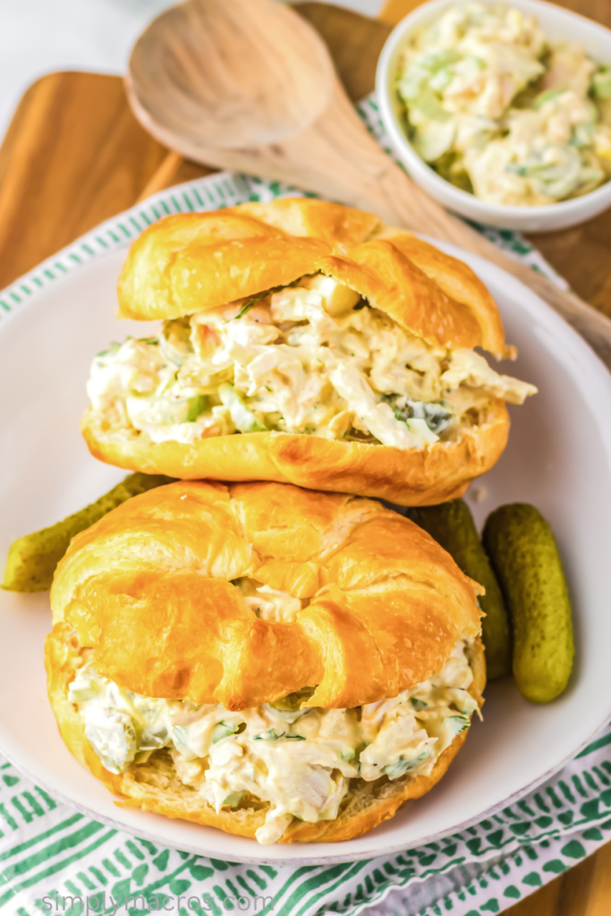Dill pickle chicken salad on croissants, ready to eat. 