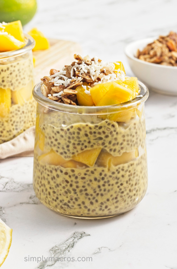 Mango chia pudding in a jar and ready to serve.