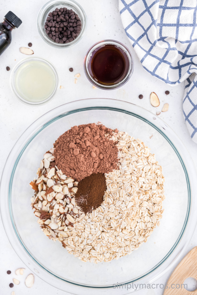 Dry ingredients in a bowl used to make gluten-free granola. 