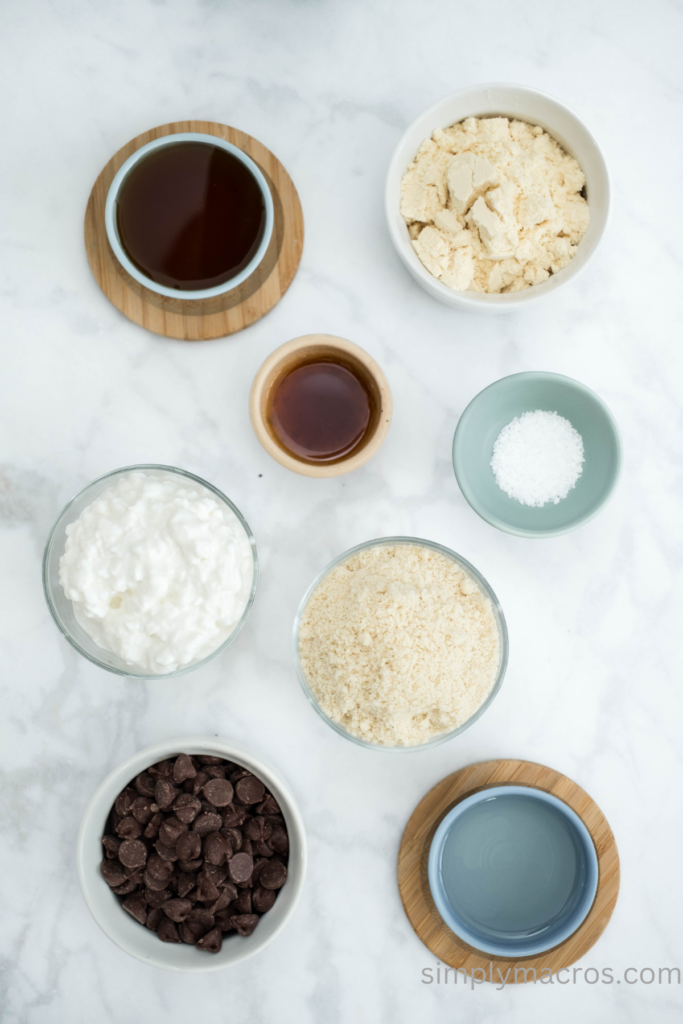 Ingredients measured out to make cottage cheese cookies with chocolate chips.