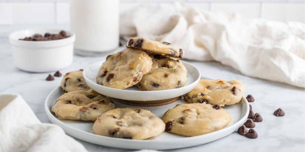 Cottage cheese cookies made with chocolate chips, served on a white plate. 