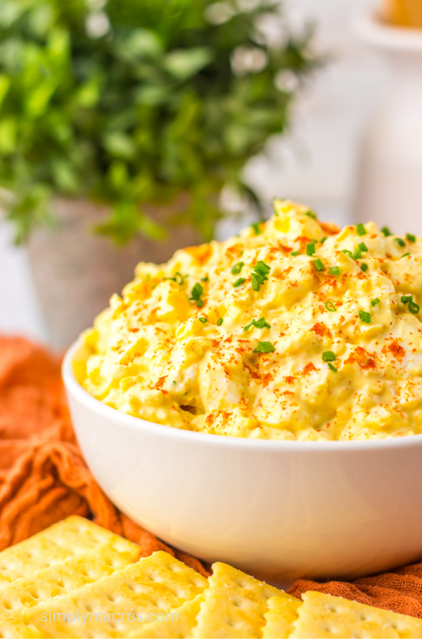 Deviled egg dip in a bowl, ready to serve.