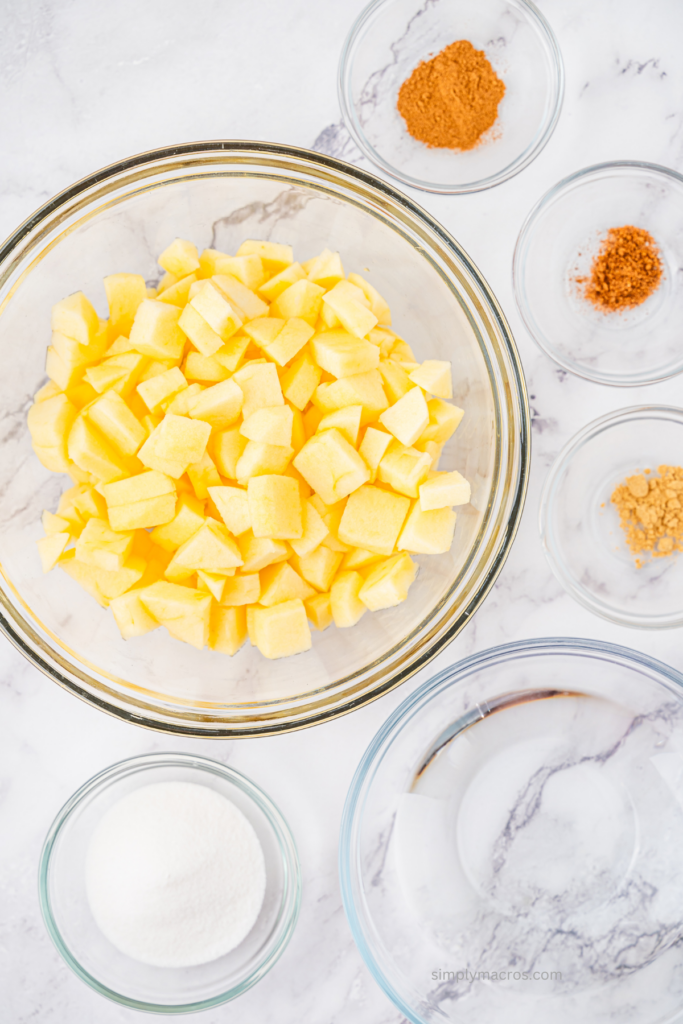 Ingredients to measured and separated to make homemade applesauce.