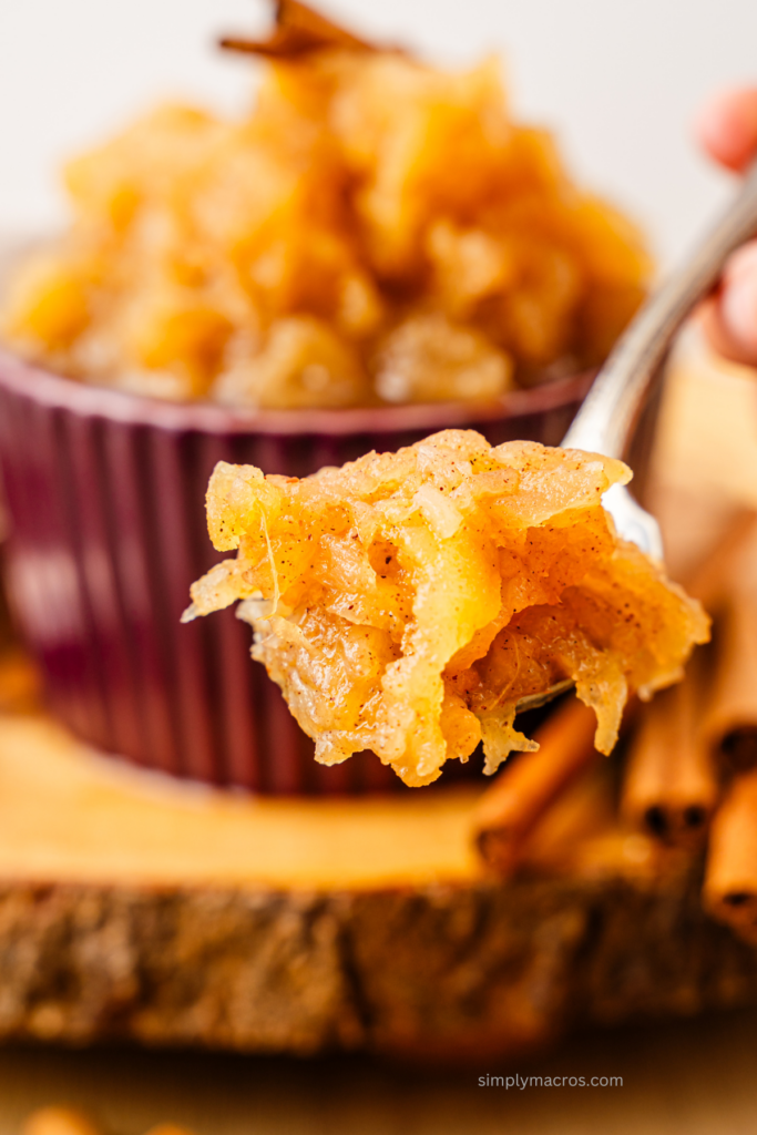 Close up bite shot of homemade applesauce. 