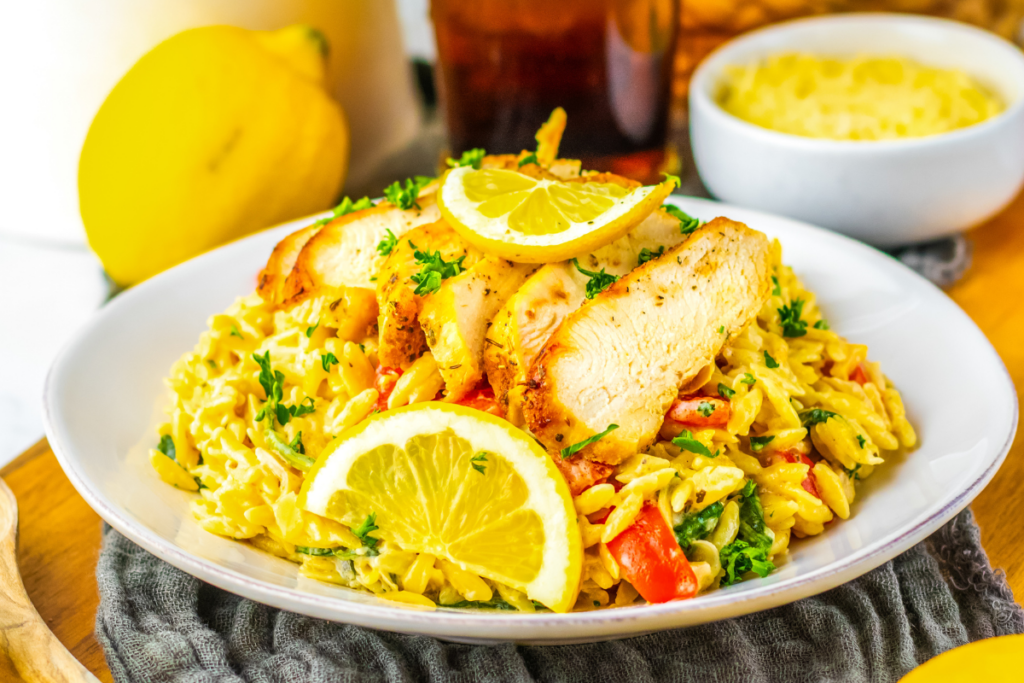 Lemon chicken orzo served on a plate and ready to eat.