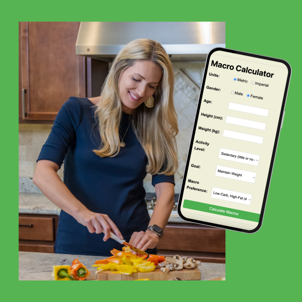 Picture of Jen in a kitchen cutting up vegetables and a macro calculator on a phone ready to be used. 