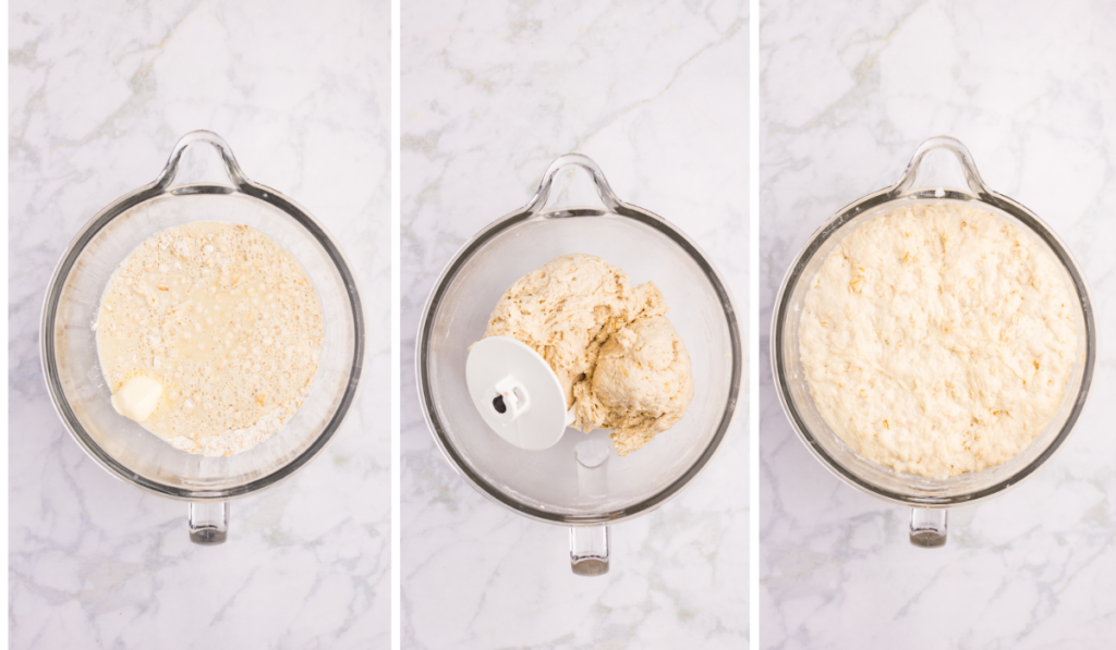 Collage of steps showing mil mixture being added to dough mixture, dough hook with dough, and dough doubled in size. 