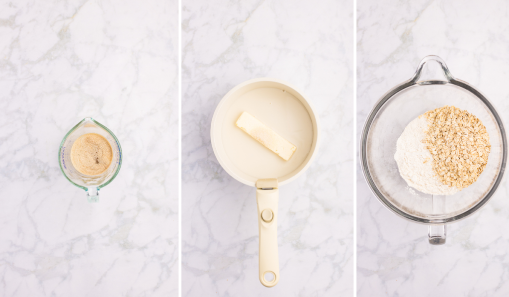 A collage of photos showing  the yeast blooming, milk and butter in a sauce pan, and oatmeal and flour combined. 