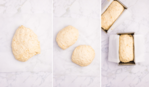 dough on the table, separated into two parts, and then placed into the bread pans.