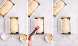 bread being brushed with milk and topped with extra oats.