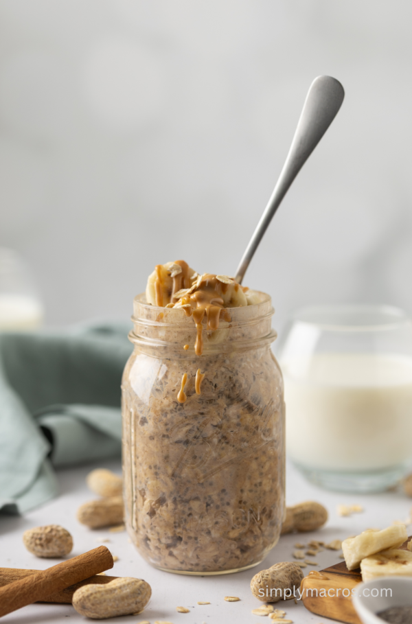 Peanut butter banana overnight oats in a jar ready to eat.