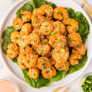 Bang bang shrimp on a plate, ready to serve.